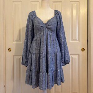 NWT Trixxi Blue Floral Smocked Tiered Mini Dress Long Balloon Sleeves Size Large